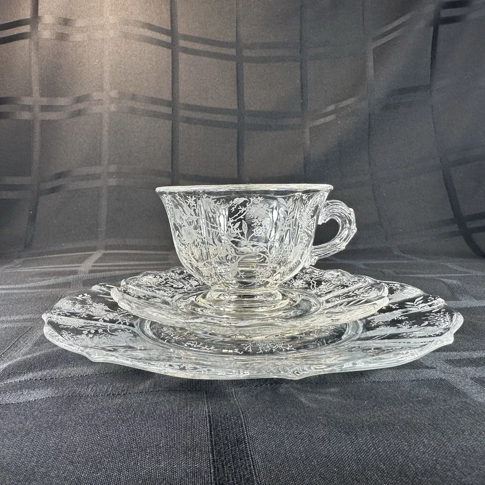 Vintage Fostoria Chintz Trio Set • Etched Glass Cup Saucer Plate • Baroque Blank